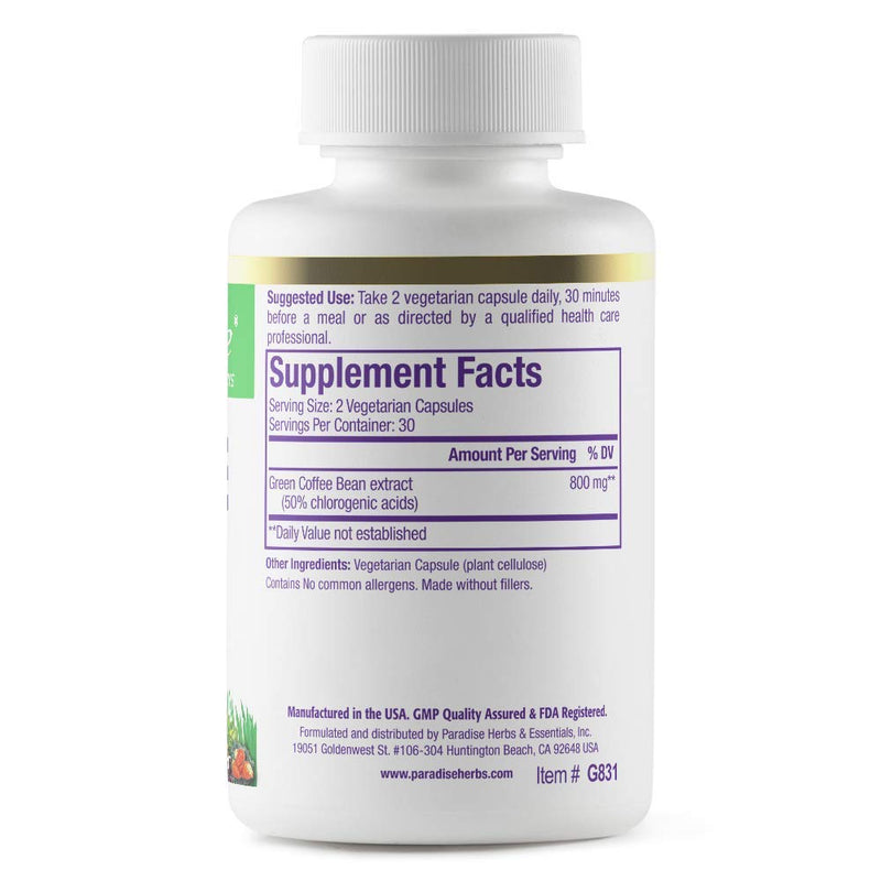 Paradise Herbs - Green Coffee Bean | Supports Healthy Glucose Levels Less Than 2 Percent Caffeine | Rich in Chlorogenic Acids | Supports Healthy Blood Sugar Metabolism | 60 Count - NewNest Australia