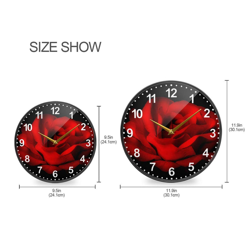 NewNest Australia - ALAZA Red Rose Flower Black Wall Clock Battery Operated Silent Non Ticking Clocks for Living Room Decor 12 Inch / 9.5 Inch 9.5x9.5in 