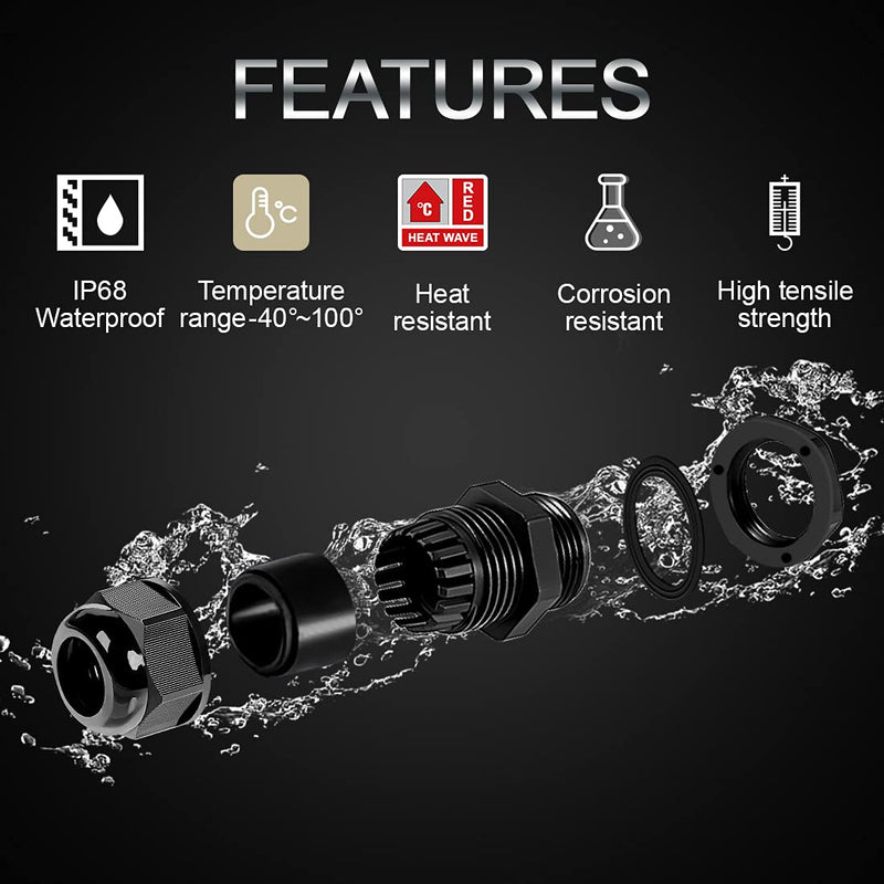 LeMotech 5 Pack NPT 1-1/4" Cable Glands Waterproof Adjustable 24-32mm Cable Connectors Black Nylon Joints with Gaskets 1-1/4inch 5-pack - NewNest Australia