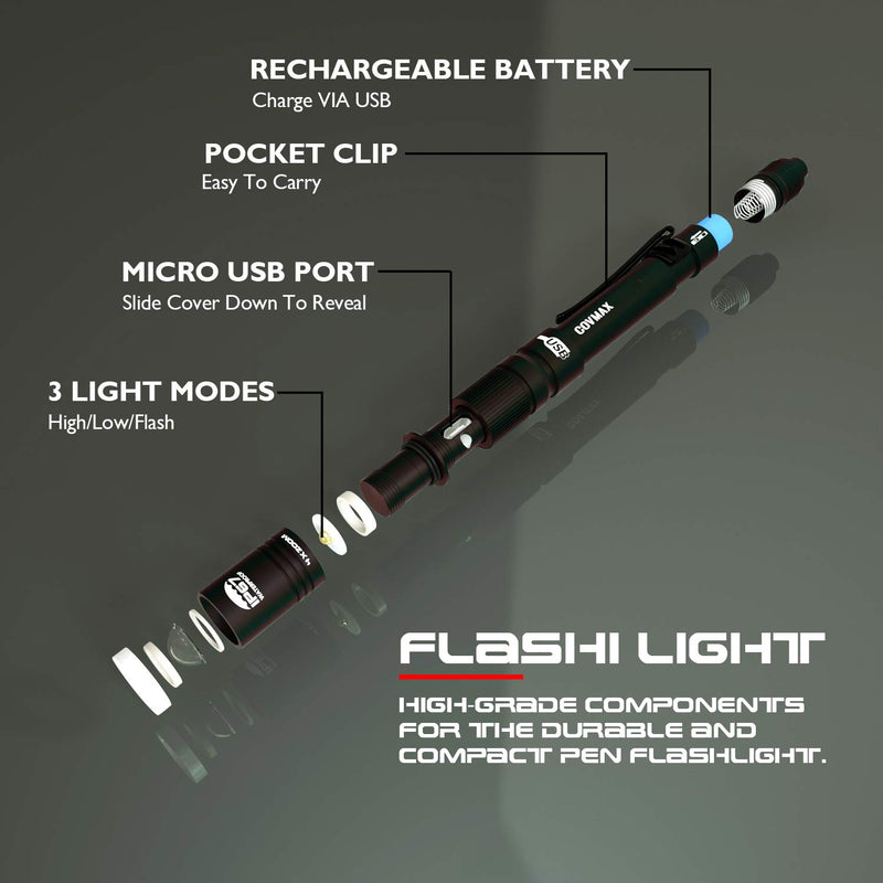 Rechargeable Pen Light Flashlight IP67 Waterproof with Pocket Clip 4-Zoomable, Prefect Pocket Flashlight for Inspection,Work,Repair - NewNest Australia