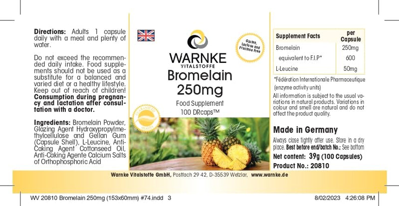 Bromelain capsules - 250mg bromelain per capsule - 600 FIP - natural pineapple enzyme - vegan & high dosage - 100 capsules | Warnke vital substances - NewNest Australia