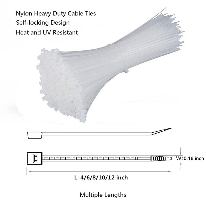NewMainOne Self Locking Nylon Cable Zip Ties,4 6 8 10 12 Inches,Width 0.16inch,500Pcs HeavyDuty Wire Tie Wraps for Home,Office,Garden,Garage,Workshop (White) White - NewNest Australia