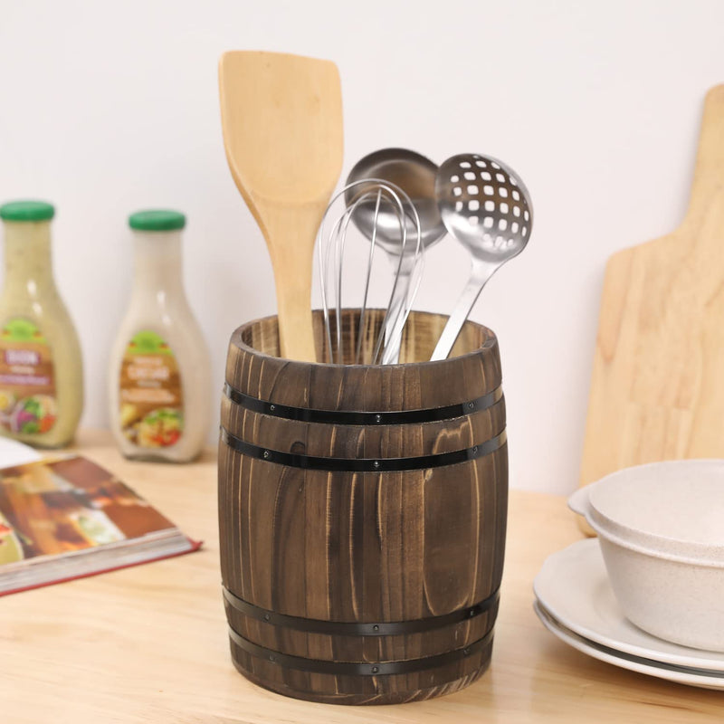 MyGift Wine Barrel Design Kitchen Utensil Crock, Vintage Rustic Burnt Wood Cooking Tool Holder - NewNest Australia