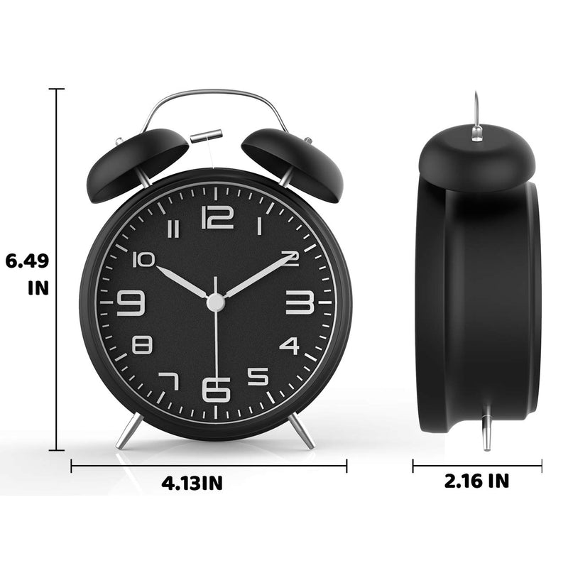 NewNest Australia - CHKOSDA Alarm Clock for Bedroom, Desk Clock with Twin Bell Alarm, 4 Inches, Backlight and 3D Dial, Battery Operated Bedside Clock(Black) Black 