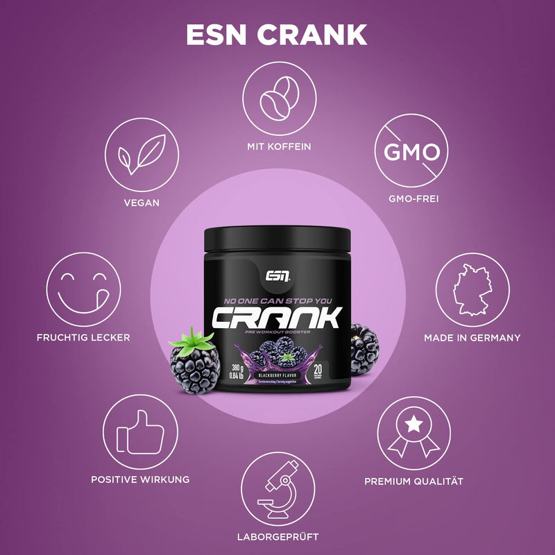 ESN Crank, Blackberry, powder, 380g, complete pre-workout booster - NewNest Australia