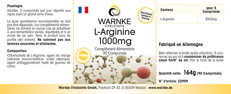 L-Arginine 1000mg - high dose & vegan - 3000mg L-Arginine HCl per daily dose - 90 tablets | Warnke vital substances - NewNest Australia