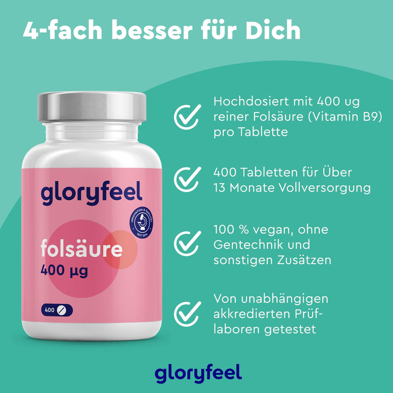 Folic acid - 400 tablets (13 months) - 400µg pure folic acid per tablet - PREGNANCY & IMMUNE SYSTEM* - 100% vegan, laboratory tested and made in Germany without additives - NewNest Australia