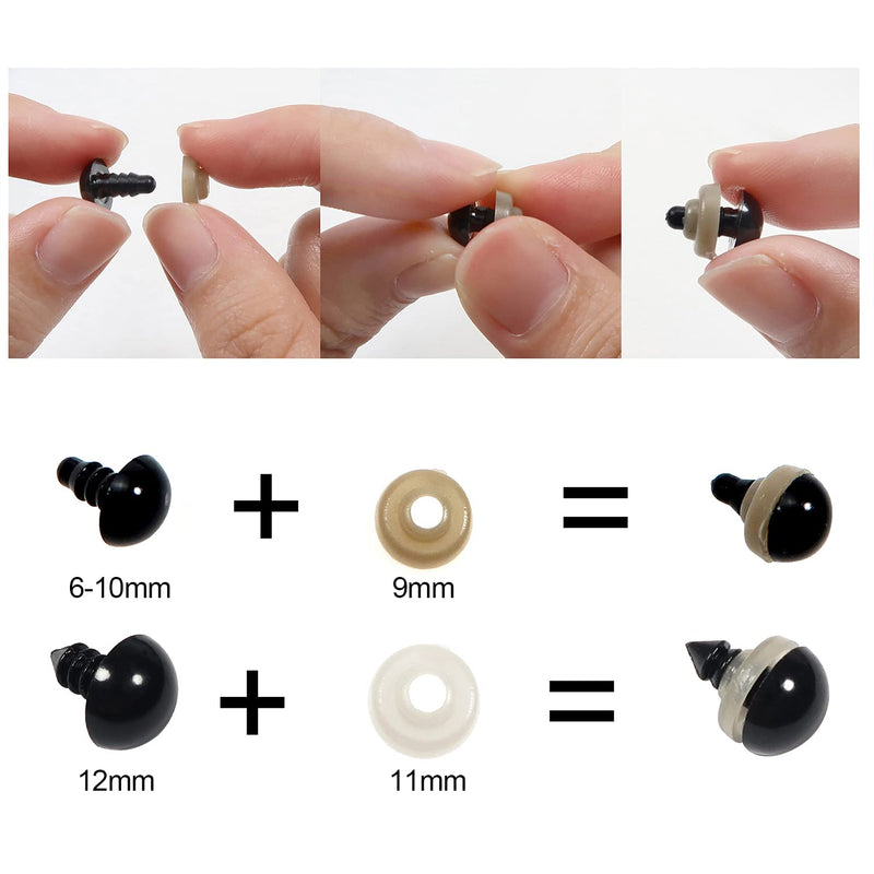 TOAOB 150pcs Black Plastic Safety Eyes with Washers 6mm 8mm 9mm 10mm 12mm Craft Doll Eyes for Amigurumis Crochet and Stuffed Animals Bears Making - NewNest Australia