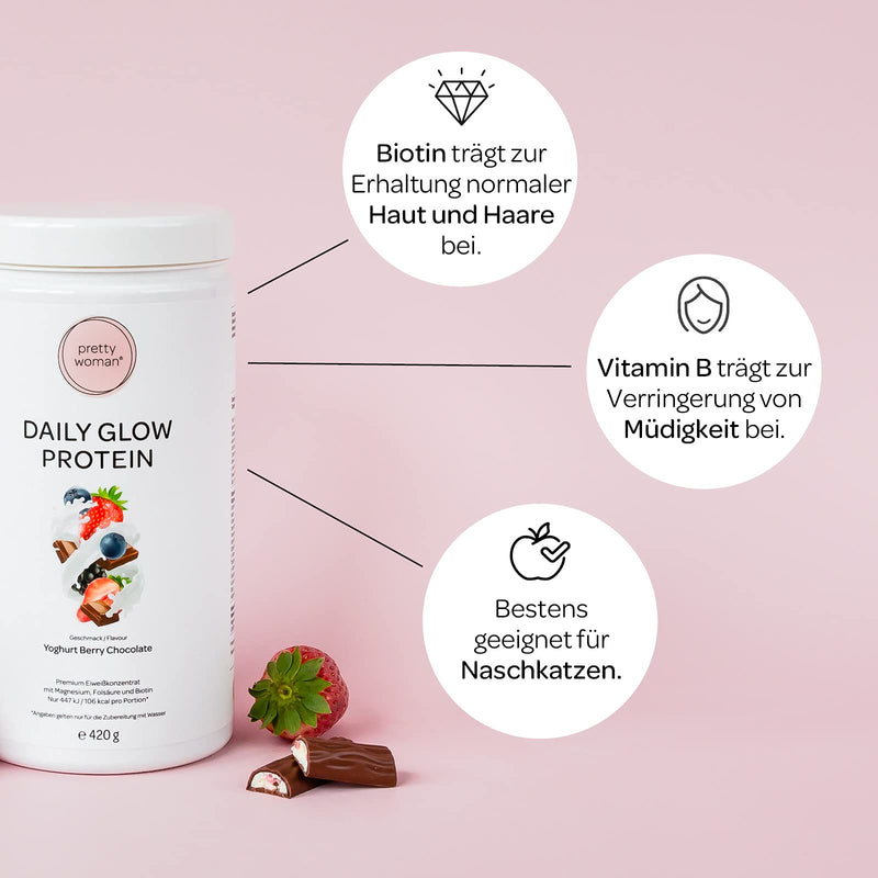 Pretty Woman Daily Glow Protein Powder For Women "Yoghurt Berry Chocolate" 420 G / Low Carb Shake With Vitamins & Minerals, Biotin & Folic Acid - Only 0.5 G Sugar Per Serving - NewNest Australia