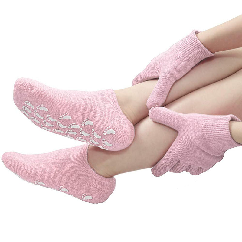 Gel Moisturising Gloves and Spa Socks Cotton for Dry Cracked Heels Feet Skin Repair Treatment for Large Size Women in Dry Hands and Foot Care Overnight by Phenitech(1pair socks & 1pair gloves)(Pink) Pink - NewNest Australia