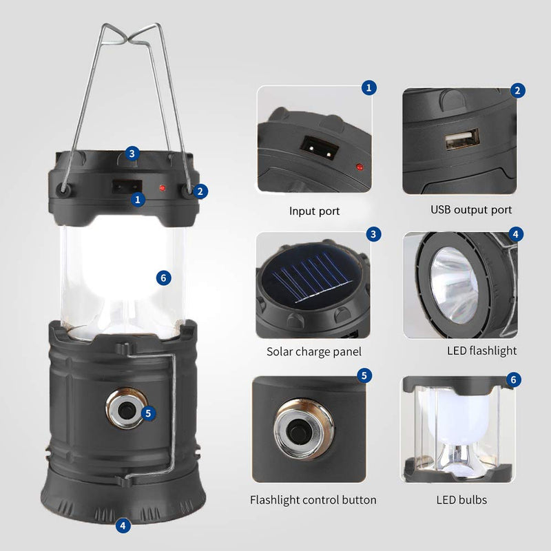 LED Camping Lantern, Solar and Rechargeable Lantern Flashlight Collapsible and Portable Light for Daily/Camp/Hiking/Night Fishing/Emergency/Hurricanes/Storm(Black, 1 Pack) Black - NewNest Australia