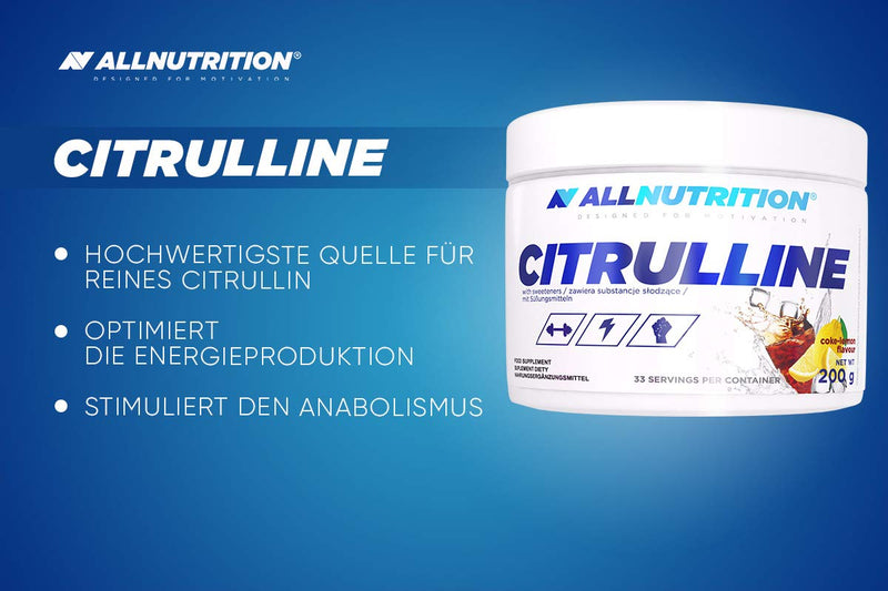 Allnutrition Citrulline Malate Powder Amino Acids L-Citrulline - Protein-Rich Diet Support For More Efficient Training - Energy Boost Reduces Fatigue - 200G Cola Lemon - NewNest Australia