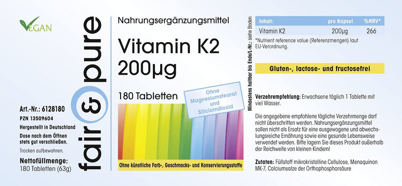 Fair & Pure® - Vitamin K2 200mcg - natural menaquinone MK-7 - vegan - 180 tablets - bulk pack for 6 months - NewNest Australia
