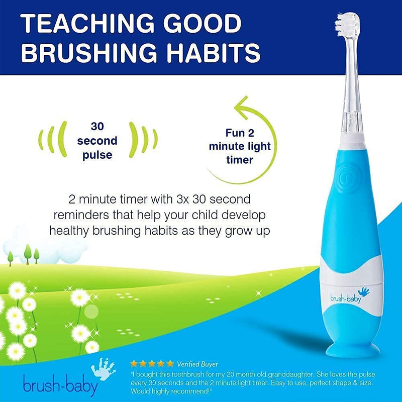 Brush Baby BabySonic Infant and Toddler Electric Toothbrush for Ages 0-3 Years - Smart LED Timer and Gentle Vibration Provide a Fun Brushing Experience - Includes 2 Sensitive Brush Heads (Blue) Blue - NewNest Australia