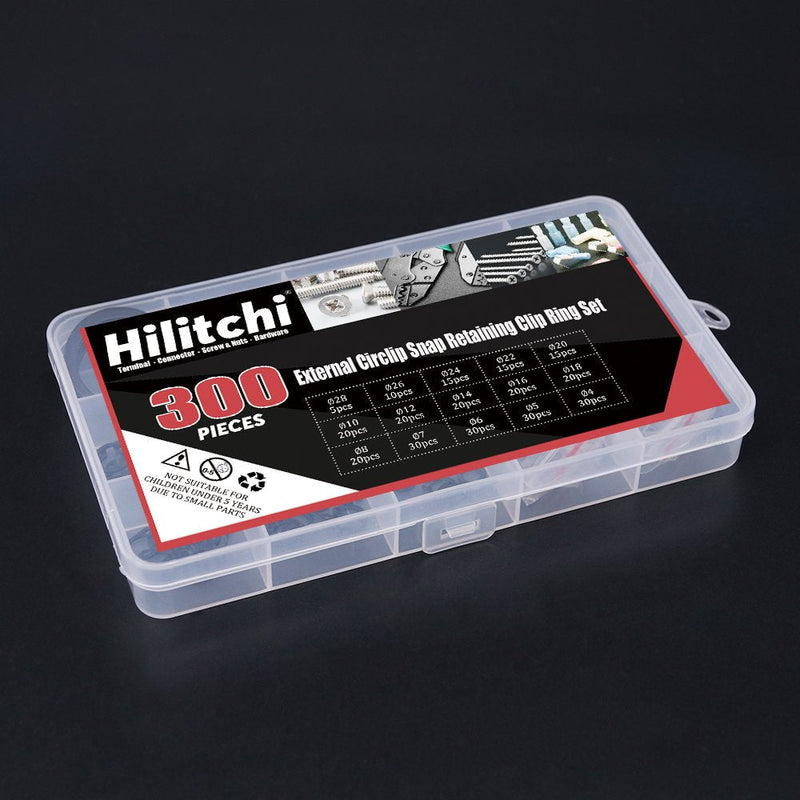 Hilitchi 300-Pcs [15-Size] Alloy Steel External Circlip Snap Retaining Clip Ring Assortment Set - NewNest Australia