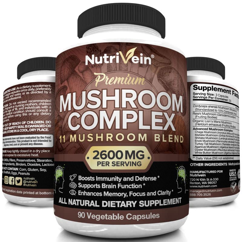 Nutrivein Mushroom Supplement - 2600mg - 90 Capsules - 11 Organic Mushrooms - Lions Mane, Cordyceps, Chaga, Reishi, Turkey Tail, Maitake, Shiitake, Agaricus, White Button, Oyster - Nootropic Complex - NewNest Australia