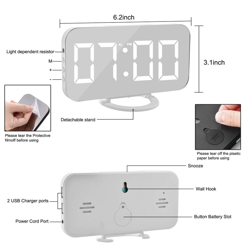 NewNest Australia - Digital Alarm Clock,6" Large LED Display with Dual USB Charger Ports | Auto Dimmer Mode | Easy Snooze Function, Modern Mirror Desk Wall Clock for Bedroom Home Office for All People White 