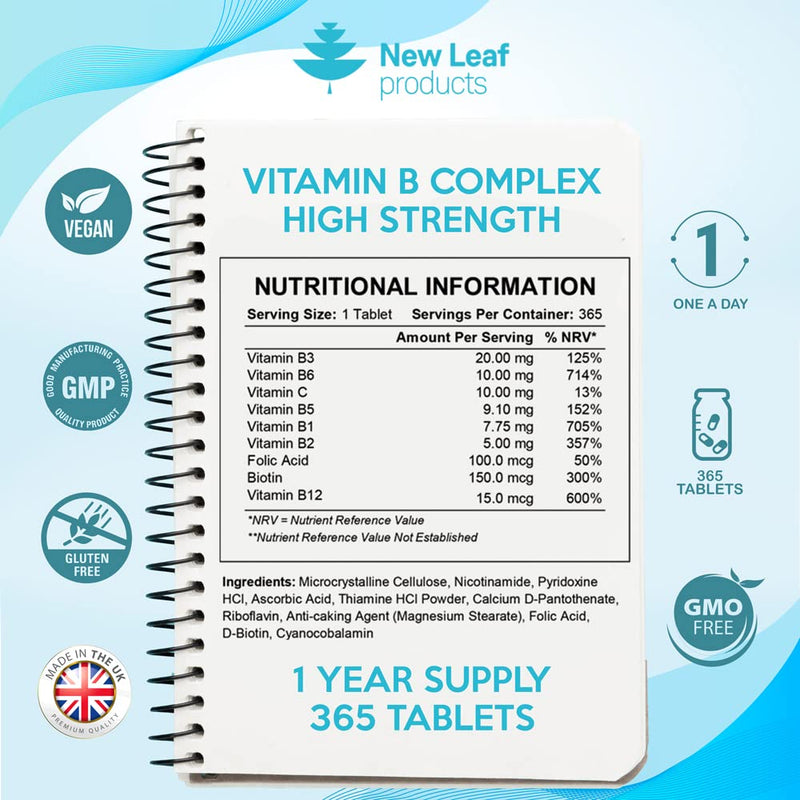 Vitamin B Complex 365 High Strength Small Tablets (One Year Supply) All 8 B Vitamins B1-B2-B3-B5-B6-B12, Biotin, Folic Acid and Vitamin C - Reduction of Tiredness - Made in The UK by New Leaf - NewNest Australia