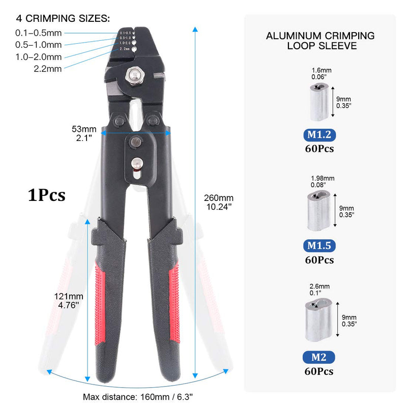 Glarks Up To 2.2mm Wire Rope Crimping Tool Wire Rope Swager Crimper Fishing Crimping Tool With 180Pcs 1.2/1.5/2mm Aluminum Double Barrel Ferrule Crimping Loop Sleeve Kit - NewNest Australia
