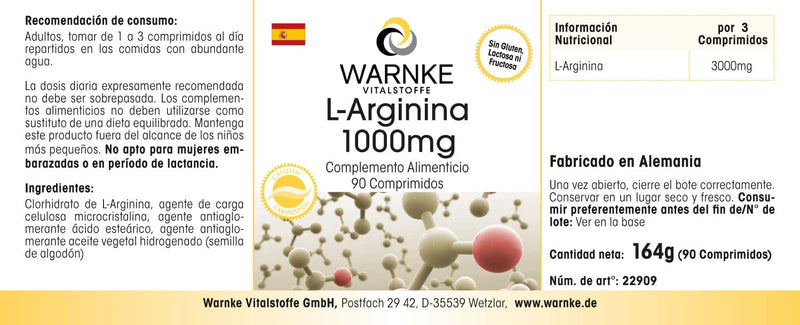 L-Arginine 1000mg - high dose & vegan - 3000mg L-Arginine HCl per daily dose - 90 tablets | Warnke vital substances - NewNest Australia