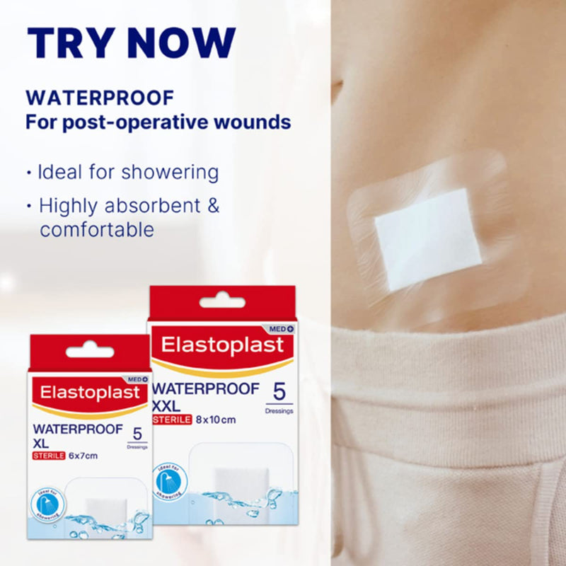 Elastoplast Waterproof XXL Med+ Dressings (5 Pieces), Pack of First Aid Plasters, Large Plasters for Post-Operative Wounds, Waterproof Sterile Dressings for Wounds, 0% Latex, Clear White - NewNest Australia