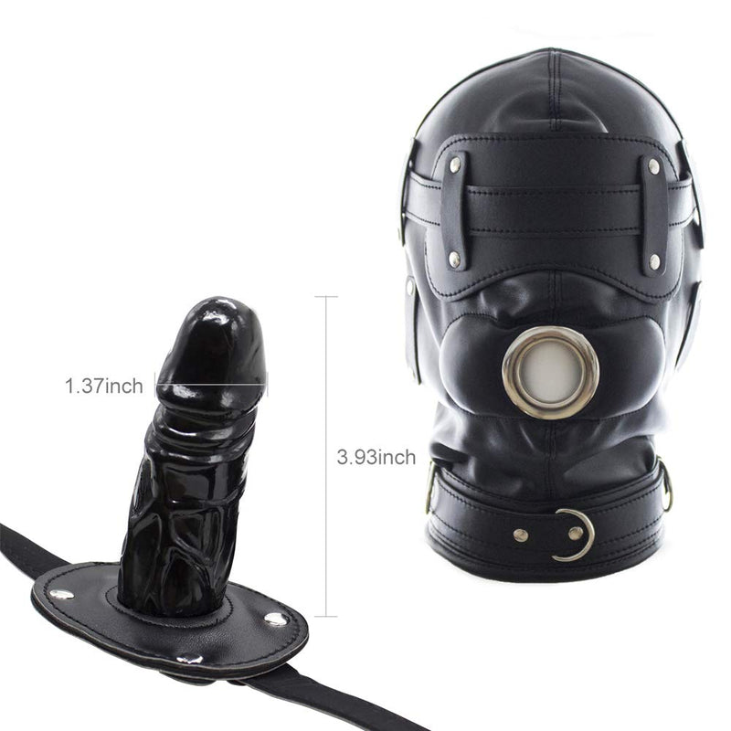 FST Black PU Leather Bondage Mask Hood, Full Face Blinder Detachable Cover Eye Dildo Mouth Gag Head Hood, for Unisex Adult Play, BDSM/LGBT Hood Long mouth gag - NewNest Australia