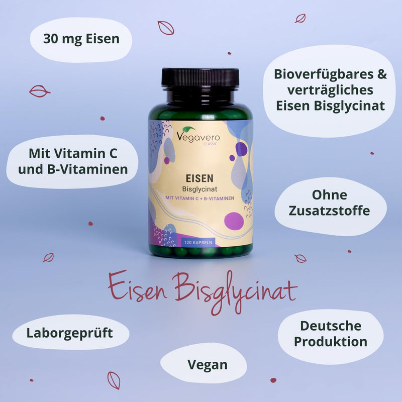 IRON BISGLYCINATE Vegavero® | 30 mg iron | With natural vitamin C, folic acid Quatrefolic®, vitamin B12, B6 & B2 | VEGAN & without additives | 120 capsules - NewNest Australia