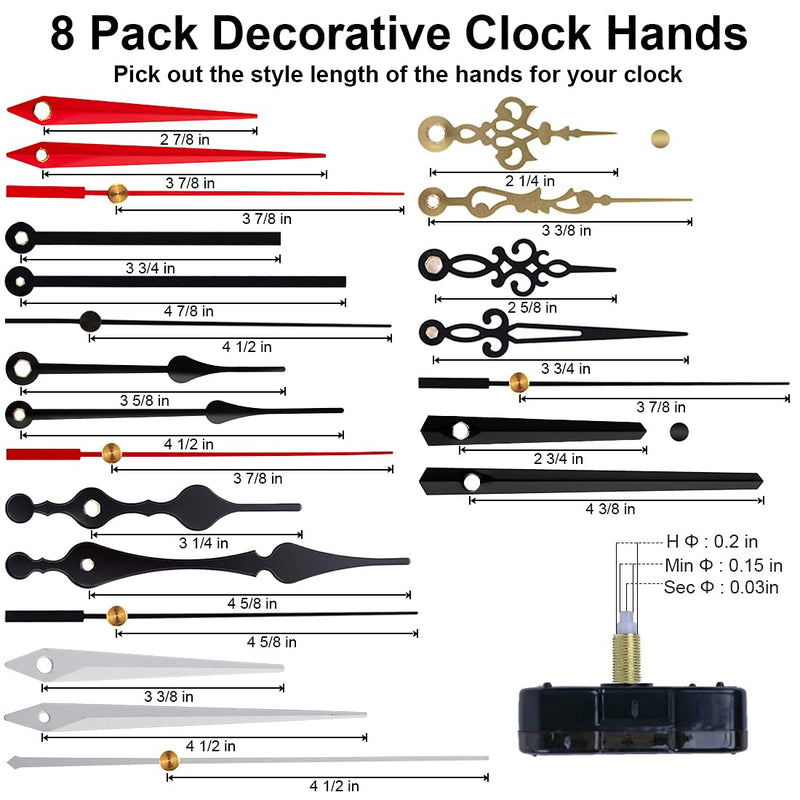 EMOON 4 Pieces Clock Mechanism Replacement Kit with 8 Pack Clock Hands, Silent Sweep Clock Motor Kit Battery Operated for Clock Repair DIY Replacement, Custom Clock Total Shaft Length 3/4 in - NewNest Australia