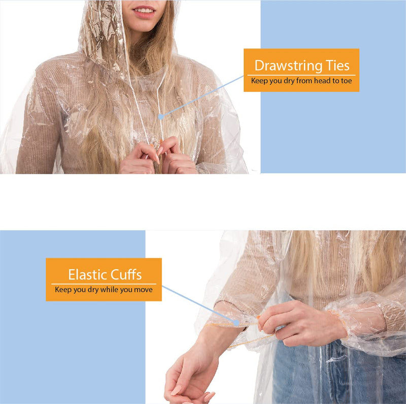 ProtectX Disposable Rain Poncho, Premium Material, Elastic Cuffs and Drawstring Hood, Universal Adult Size, Ultra-Durability, 5 Pack - NewNest Australia
