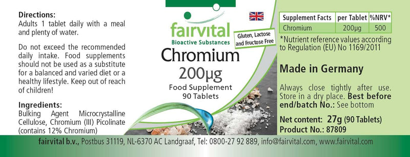 Fairvital | Chromium 200µg - with 200mcg chromium per tablet - high dose - vegan - Chromium Picolinate - essential trace element - 90 tablets - NewNest Australia