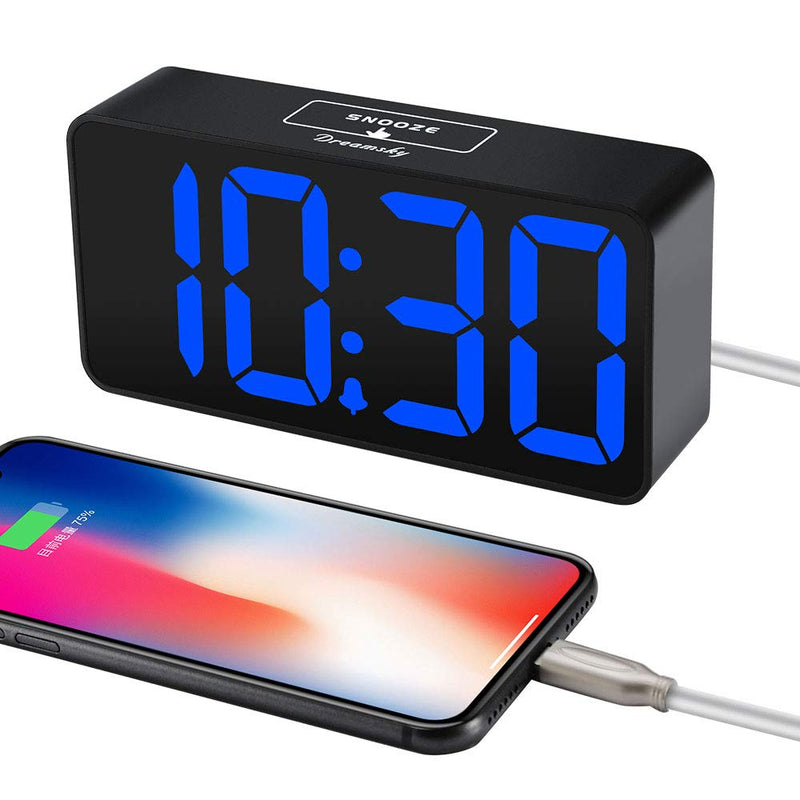 NewNest Australia - DreamSky Compact Digital Alarm Clock with USB Port for Charging, Adjustable Brightness Dimmer, Blue Bold Digit Display, Adjustable Alarm Volume, 12/24Hr, Snooze, Bedroom Desk Alarm Clock. Blue Digit 