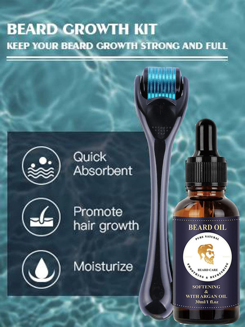 Beard growth set, derma roller for beard growth, beard roller for hair growth for men, 100% natural ingredients, beard oil serum, stimulates beard, mustache and hair growth, gifts for men father 0.5 mm - NewNest Australia