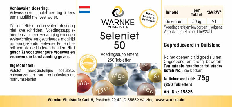 Selenium tablets - 50µg selenium per tablet - vegan - made from sodium selenite - yeast-free - 250 tablets - large pack | Warnke vital substances - NewNest Australia