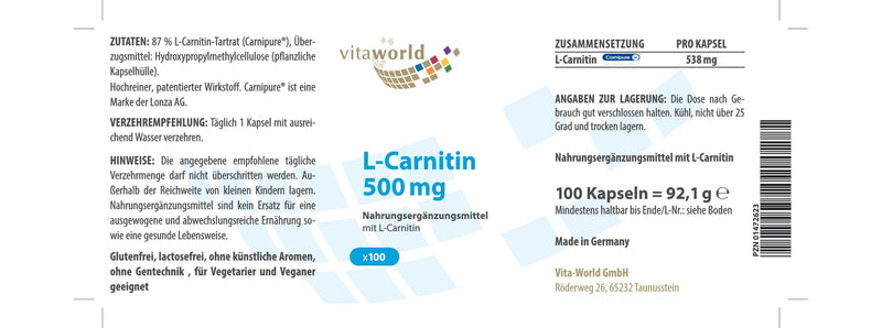 Pack of 3 Vita World L-Carnitine 500mg 300 capsules vegan pharmacy production - NewNest Australia