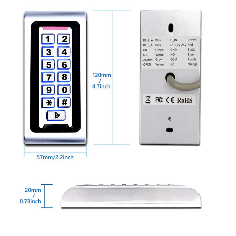AMOCAM Door Access Control System Stand-Alone Password Keypad + 5PCS Proximity RFID 125Khz Key Fobs Keychains, Support 2000 Users ID Card Reader, Waterproof, Backlight, Zinc Alloy Metal Case - NewNest Australia