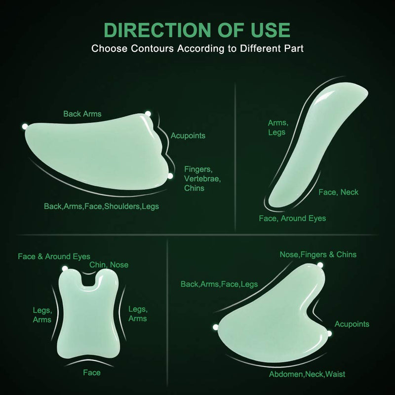 airogym Guasha Massage Tool，Natural Stone Gua Sha Board, 4PCS Guasha Stone Scraping Massage Sets for SPA Acupuncture Physical Therapy Muscle Knots Facial Caring Point Treatment Lymphatic Drainage Green - NewNest Australia
