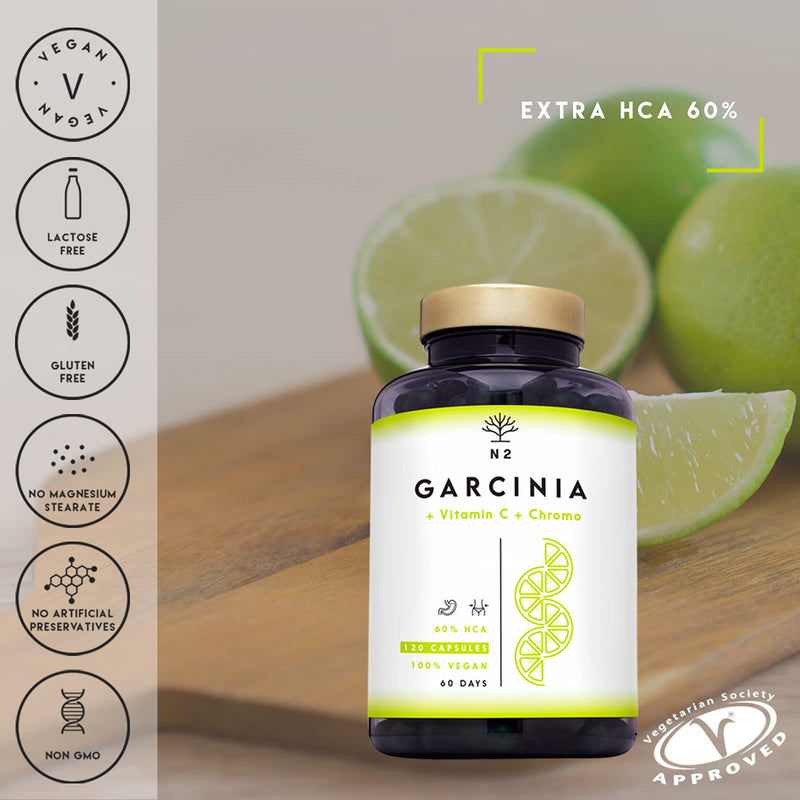 Garcinia Cambogia High-Dose Capsules, Vitamin C, Chromium. Appetite Suppressant, Fat Burner, Weight Loss, Hca 60%. 120 Herbal Capsules. Vegan Certified. N2 Natural Nutrition - NewNest Australia