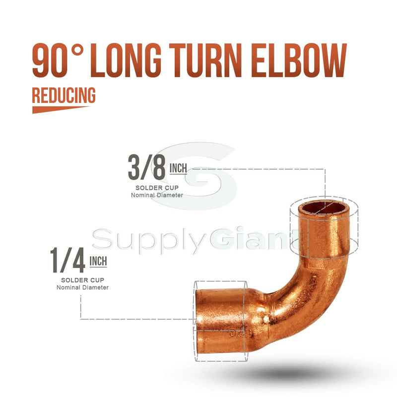 Everflow Supplies CCLT3814 90 Degree C X C Copper Long Radius Elbow Fitting with Two Copper Solder Cups, 3/8" x 1/4" - NewNest Australia