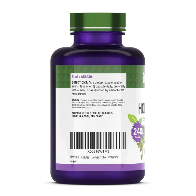 Holy Basil Capsules (1600 MG x 240 Capsules) | May Promote Stress & Frustration Relief* | Tulsi Holy Basil Leaf Extract Supplement | Adrenal Support, Adaptogenic, & Ayurvedic Herb | TNVitamins - NewNest Australia