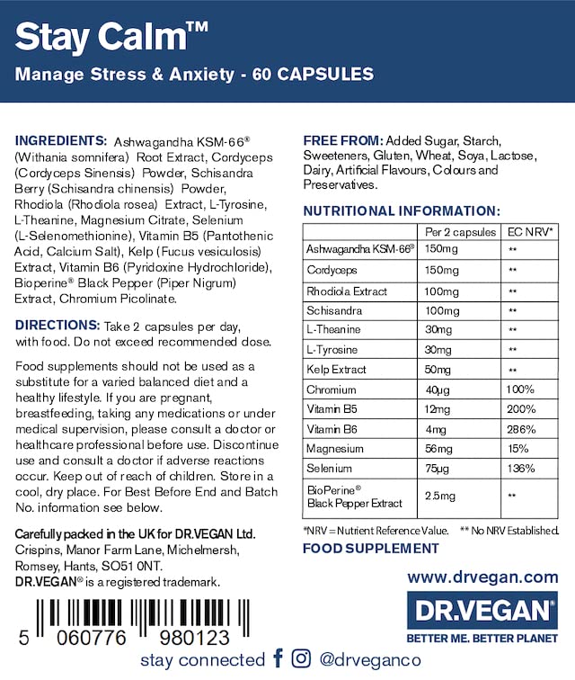 DR.VEGAN Stay Calm | for Stress & Anxiety | 60 Capsules | Two-A-Day | Including Ashwagandha KSM-66 150mg, Cordyceps 150mg, Rhodiola 100mg, Schisandra 100mg - NewNest Australia
