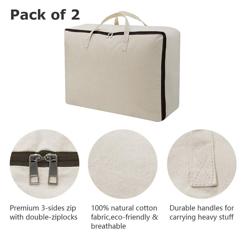 NewNest Australia - Set of 2, 100% Canvas Eco-friend Storage Bags with 3-side Zip Open & Handles, Good for Bedding set, House Move or Winter Clothes Storage in Wardrobe, Beige 23.6*17.7*8.66" 