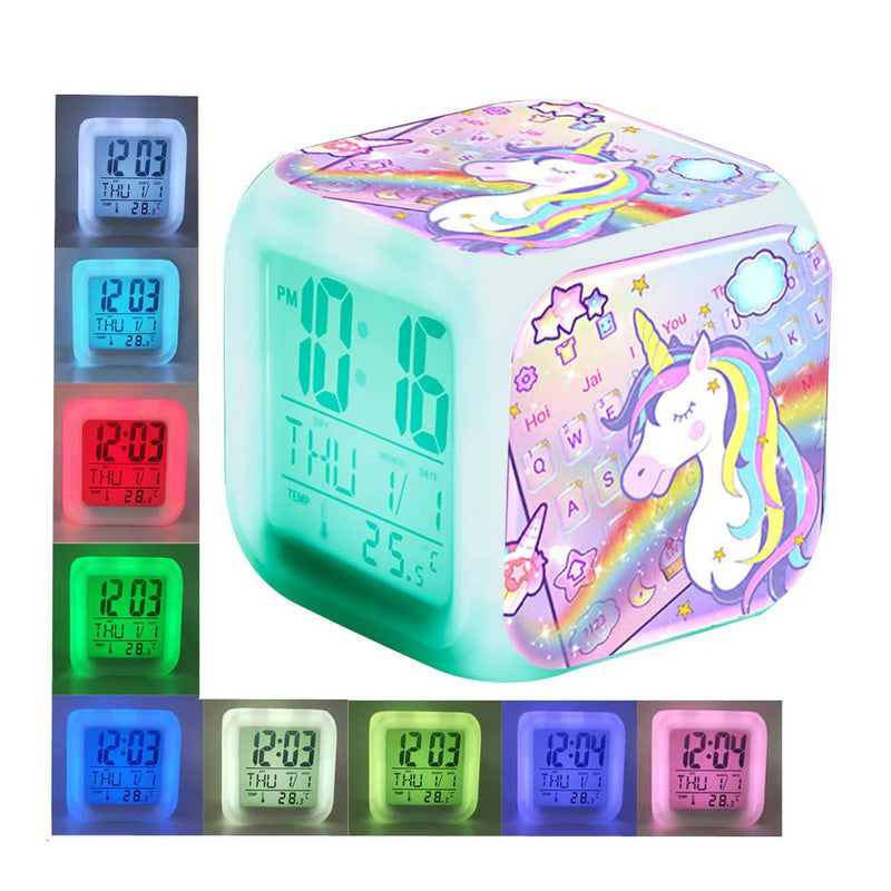 NewNest Australia - CoolGadget Unicorn Alarm Clock for Girls,Bedside Digital Clock with 7 LED Night Light Table Cube Wake Up Clock Display Time Temperature Alarm Date (Pink) Pink 