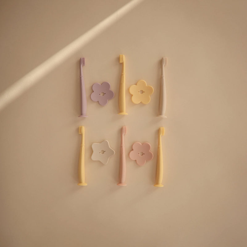 Mushie Children'S Toothbrush Flower Design | Manual Toothbrush For Children With Suction Cup, 0-6 Years | Stimulates Teeth & Gums, Extra Soft Brush | Safe & High Quality | Soft Lilac Flower - NewNest Australia