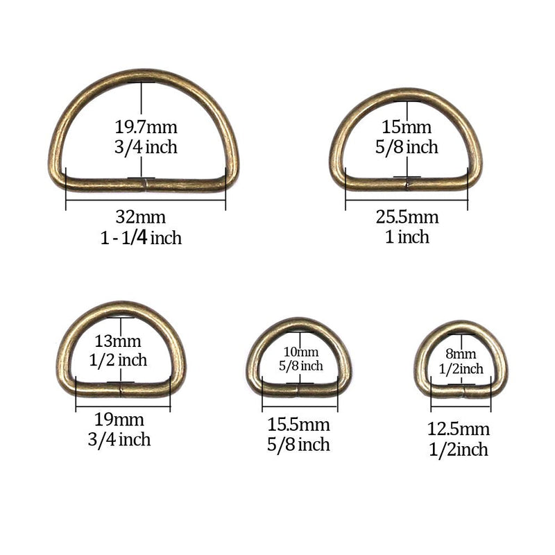 Swpeet 100 Pcs Bronze Assorted Multi-Purpose Metal D Ring Semi-Circular D Ring for Hardware Bags Ring Hand DIY Accessories - 1/2 Inch, 5/8 Inch, 3/4 Inch, 1 Inch, 5/4 Inch - NewNest Australia
