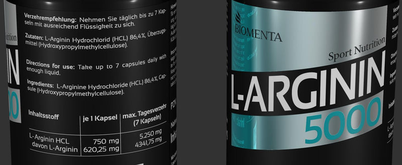 BIOMENTA L-Arginine 5000 - 500 high-dose arginine capsules - vegan - normal size - premium quality - NewNest Australia