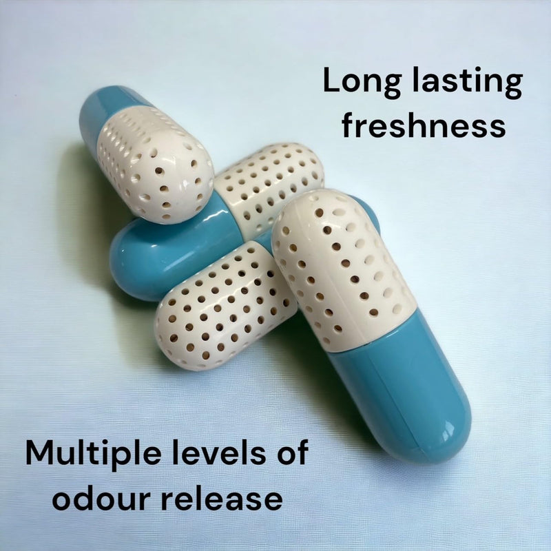 4 Shoe Trainer Sneaker Deodoriser Pill Odour Eliminator Capsules Freshness Balls Long Lasting and Reusable with Multi Levels of Freshness Easy and Convenient to use Pack of 4 (Blue and White) - NewNest Australia