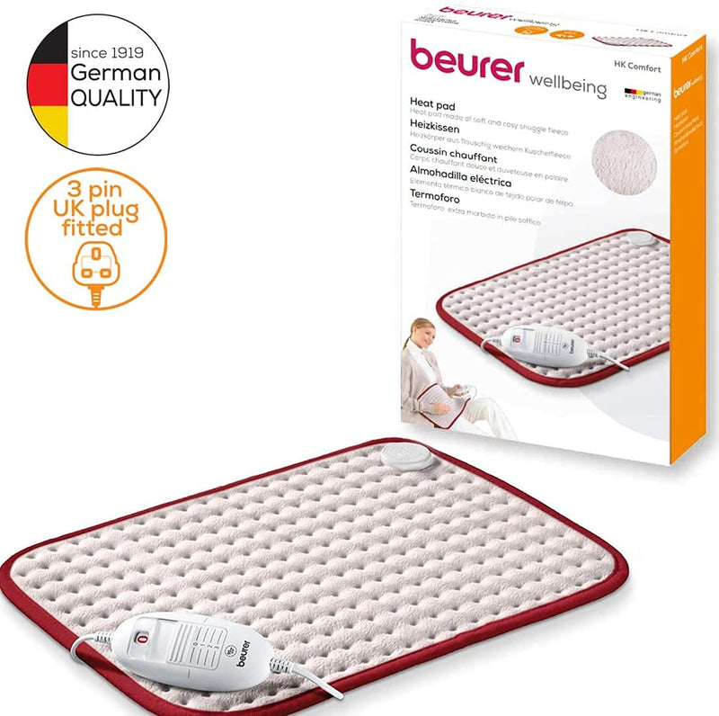 Beurer HK Comfort Heat Pad | Electric Heat Pad for Relaxation | 3 Electronically Regulated Temperature Settings | Machine-Washable | Automatic Switch-off | Red Trim Design 44 x 33 cm Beige & Red Trim - NewNest Australia