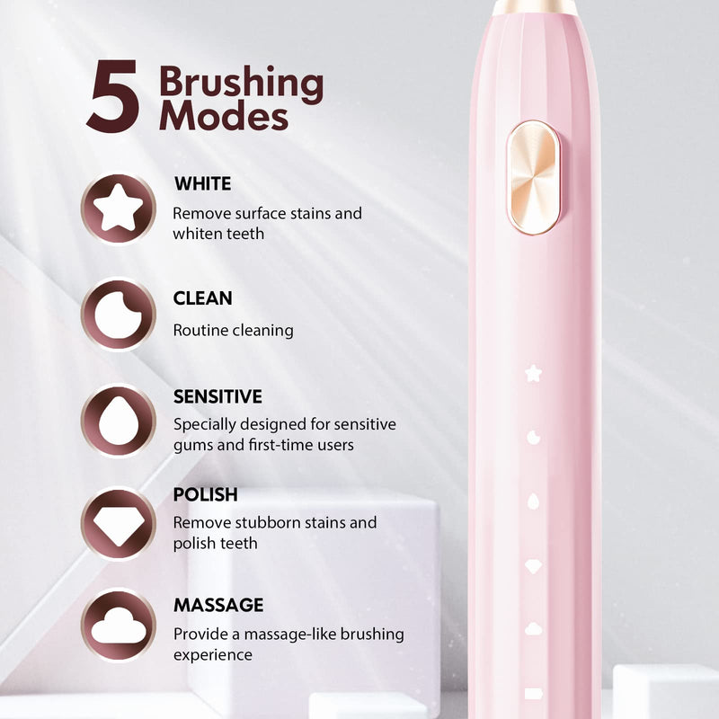 Dada-Tech Electric Toothbrush Adults and Kids, Sonic Electronic Power Rechargeable Tooth Brush with Automatic Interval Timer, Waterproof for Shower, Five Brushing Modes (Pink) Pink - NewNest Australia