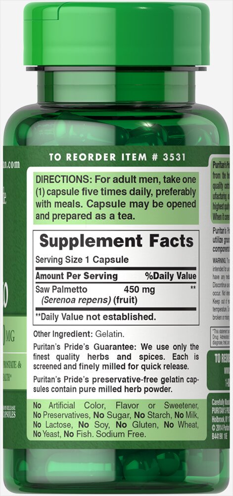 Puritans Pride Saw Palmetto 450 Mg Capsules, 100 Count 100 Count (Pack of 1) - NewNest Australia