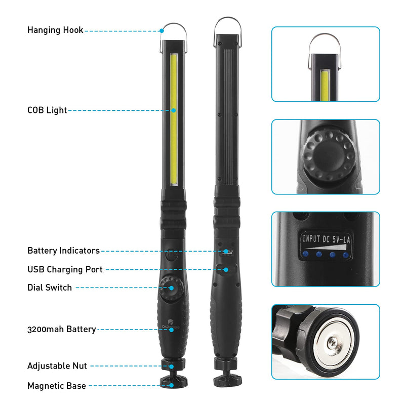 Dr. Prepare LED Work Light, 700 Lumens Foldable Rechargeable Work Light, Cordless Portable Magnetic COB LED Work Light, 3200mAh Inspection Light for Car Repair, Home, Garage, Emergency - NewNest Australia